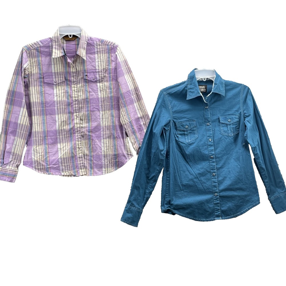 Aura Wrangler Outback Pearl Snap Shirt LOT 2 Womens Medium Western Rodeo Cowgirl